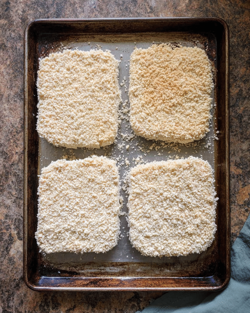 Crispy and Flavorful Tofu Katsu Recipe (Dinner Favorite) 5 Panko-coated tofu cutlets on baking sheet ready for frying
