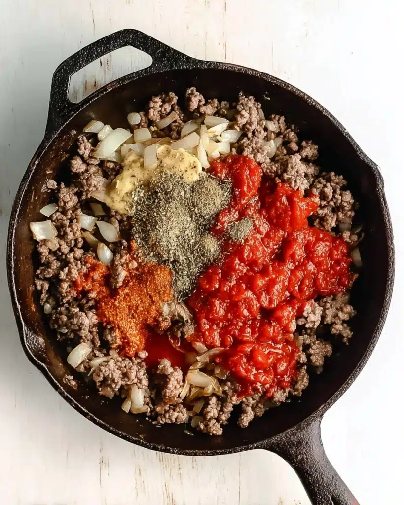 Ground beef, onions, tomato paste, mustard, and spices in skillet for Whole30 sloppy joes