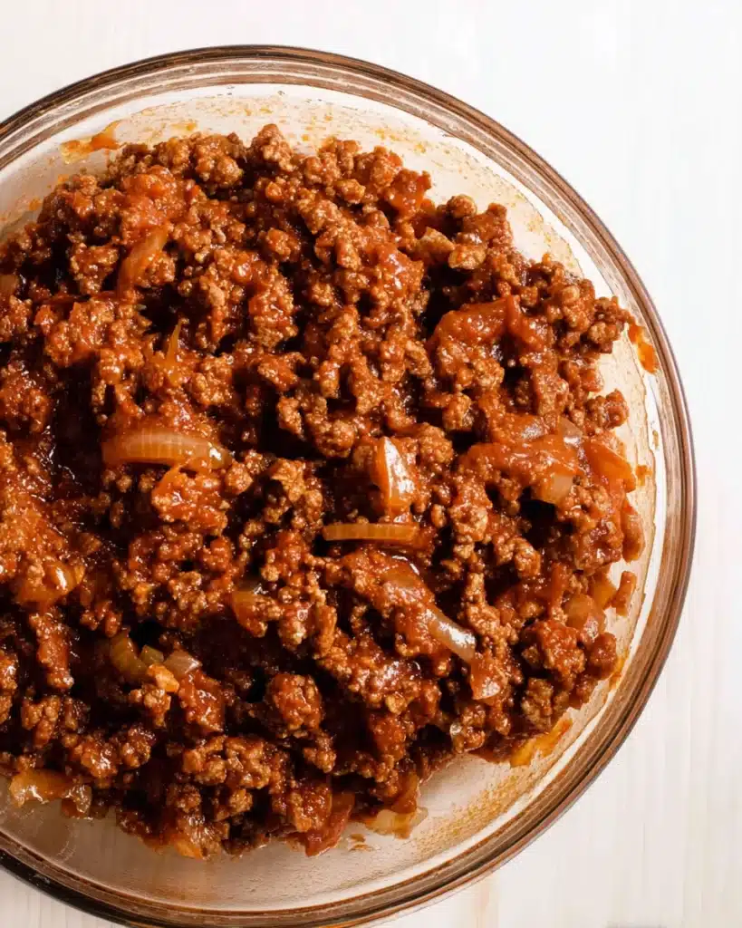 Whole30 sloppy joe meat mixture with onions in a bowl