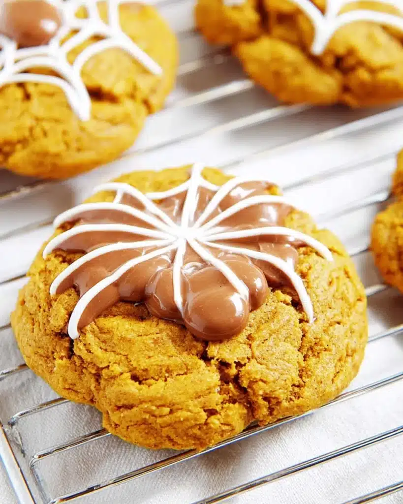 Spiced Pumpkin Cookies for Halloween 1 Halloween spiced pumpkin cookie with chocolate spiderweb decoration on a cooling rack