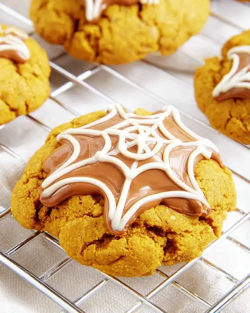 Spiced Pumpkin Cookies for Halloween 6 Pumpkin cookies with chocolate spiderwebs and fresh pumpkin background