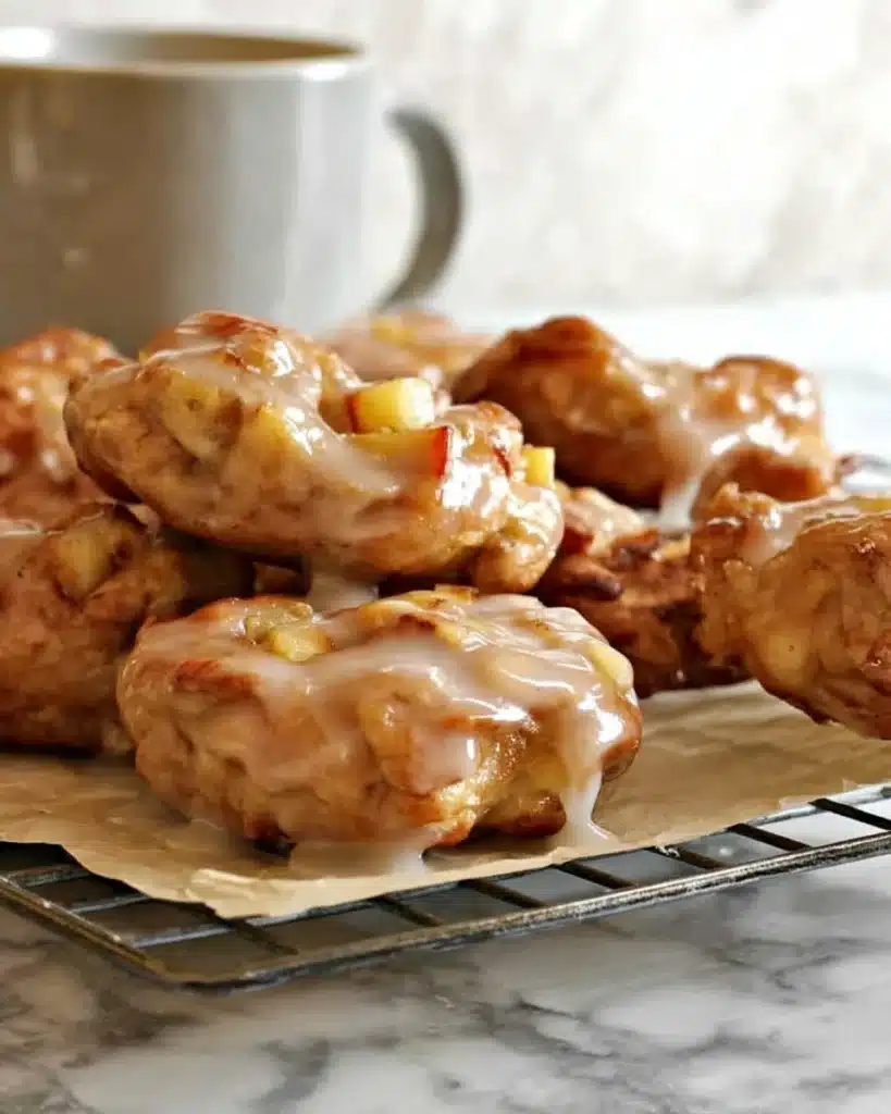 Air Fryer Apple Fritters Recipe – Quick, Easy & Delicious 1 Freshly glazed air fryer apple fritters on a cooling rack with cinnamon glaze