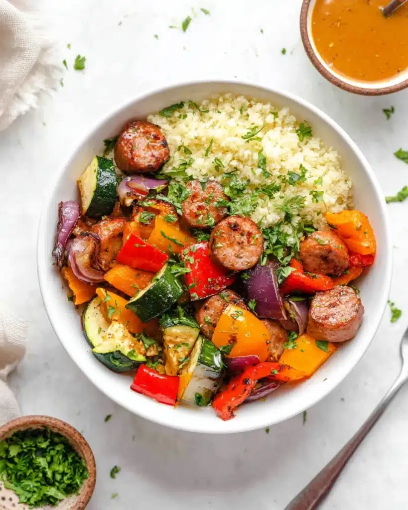 Air Fryer Chicken Sausage and Veggies: Quick, Flavorful, and Healthy Dinner 1 Air fryer chicken sausage and veggies with cauliflower rice in a white bowl