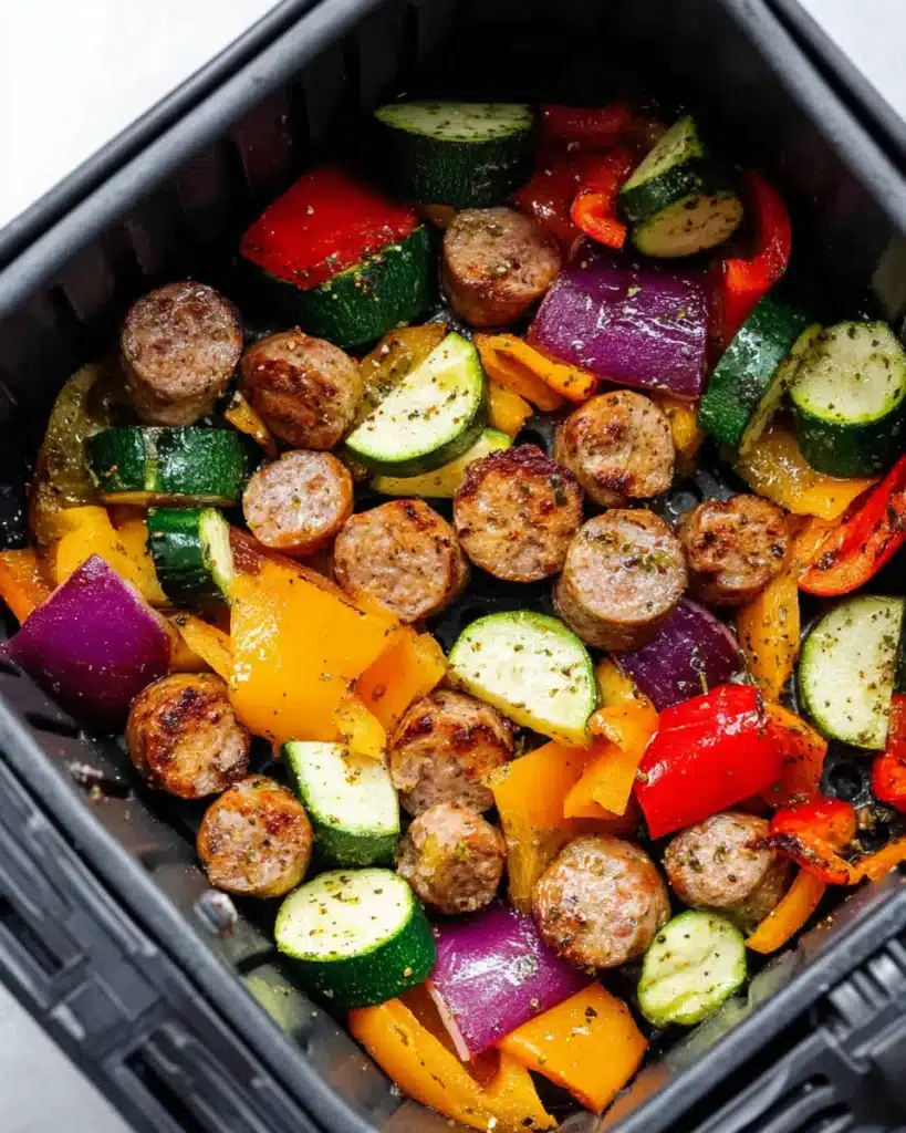 Air Fryer Chicken Sausage and Veggies: Quick, Flavorful, and Healthy Dinner 6 Air Fryer Chicken Sausage and Veggies cooking in air fryer basket
