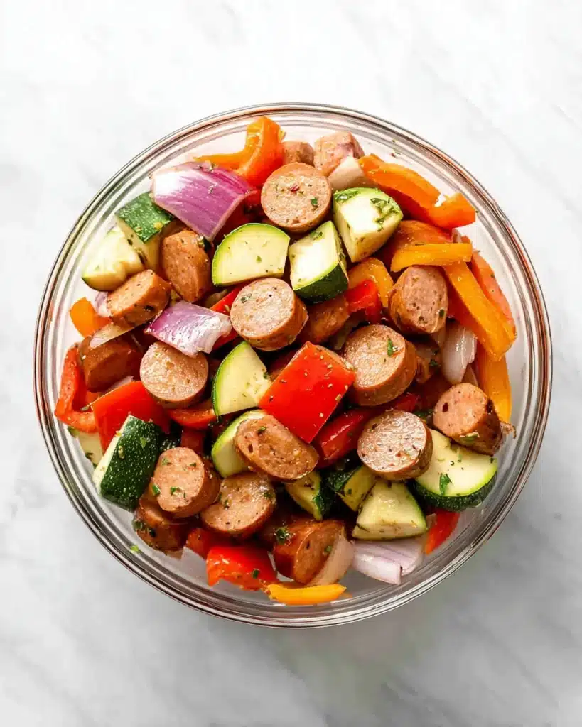 Air Fryer Chicken Sausage and Veggies: Quick, Flavorful, and Healthy Dinner 5 Bowl of seasoned sausage and veggies for Air Fryer Chicken Sausage and Veggies