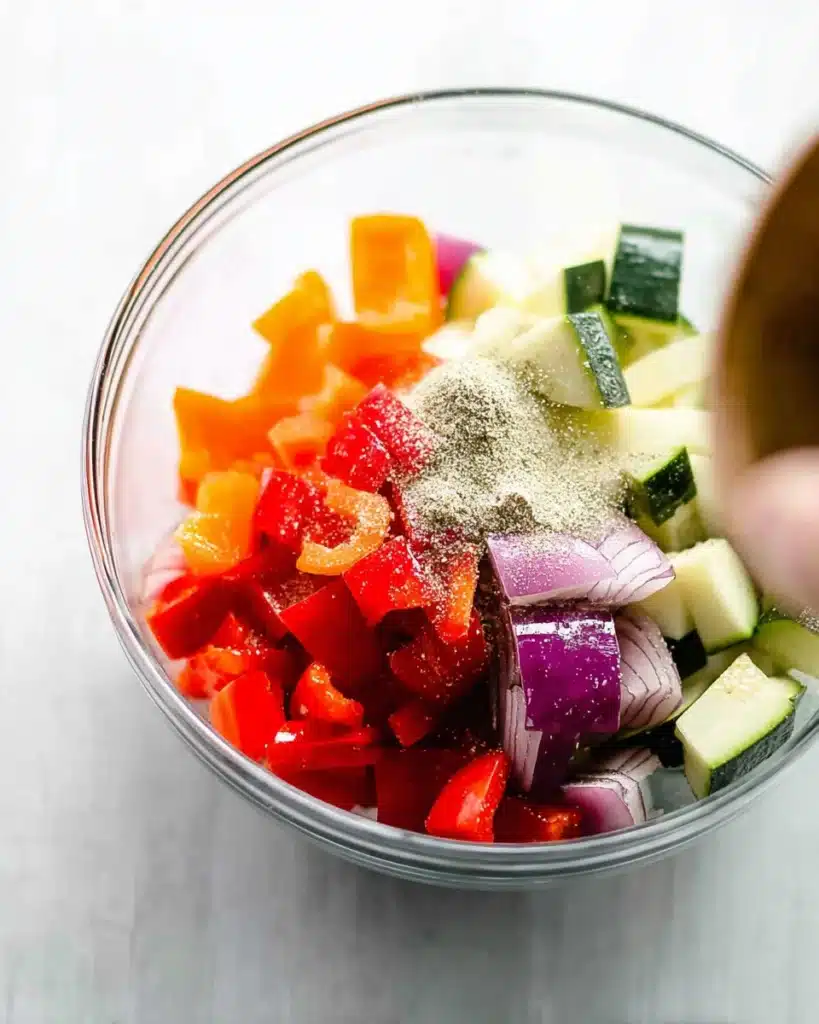 Air Fryer Chicken Sausage and Veggies: Quick, Flavorful, and Healthy Dinner 2 Chopped veggies in a glass bowl sprinkled with seasoning for air fryer chicken sausage and veggies