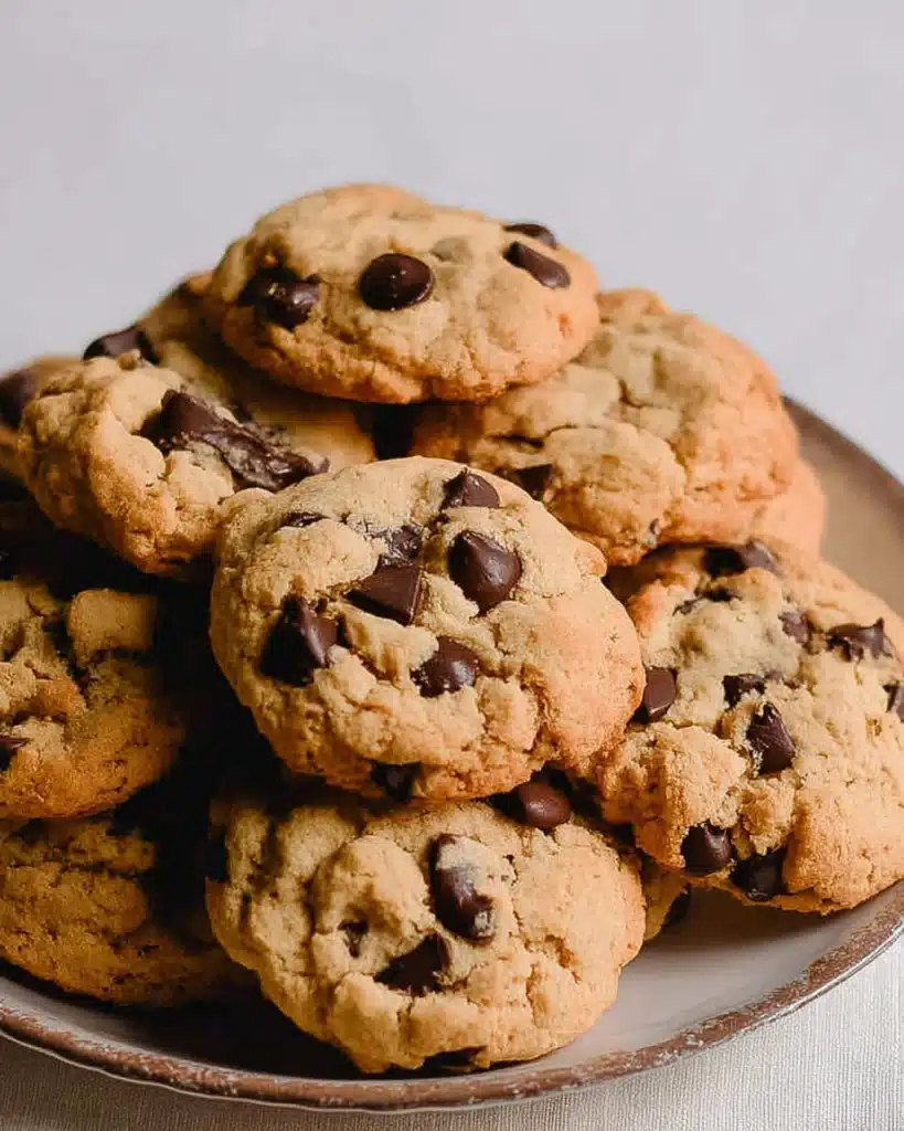 Air Fryer Chocolate Chip Cookies 1 Golden-brown air fryer chocolate chip cookies stacked on a white plate