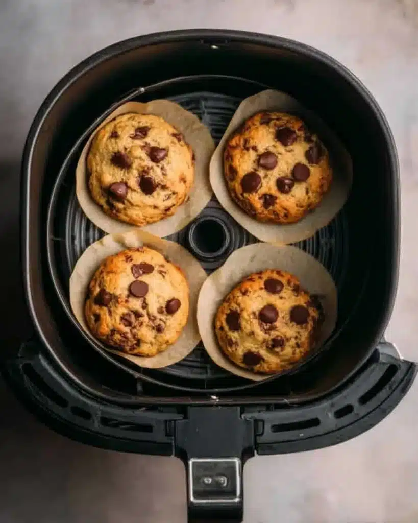 Air Fryer Chocolate Chip Cookies 7 Air fryer basket with freshly baked chocolate chip cookies on parchment squares