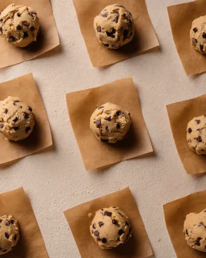 Air Fryer Chocolate Chip Cookies 6 Cookie dough scoops on parchment squares for air fryer chocolate chip cookies