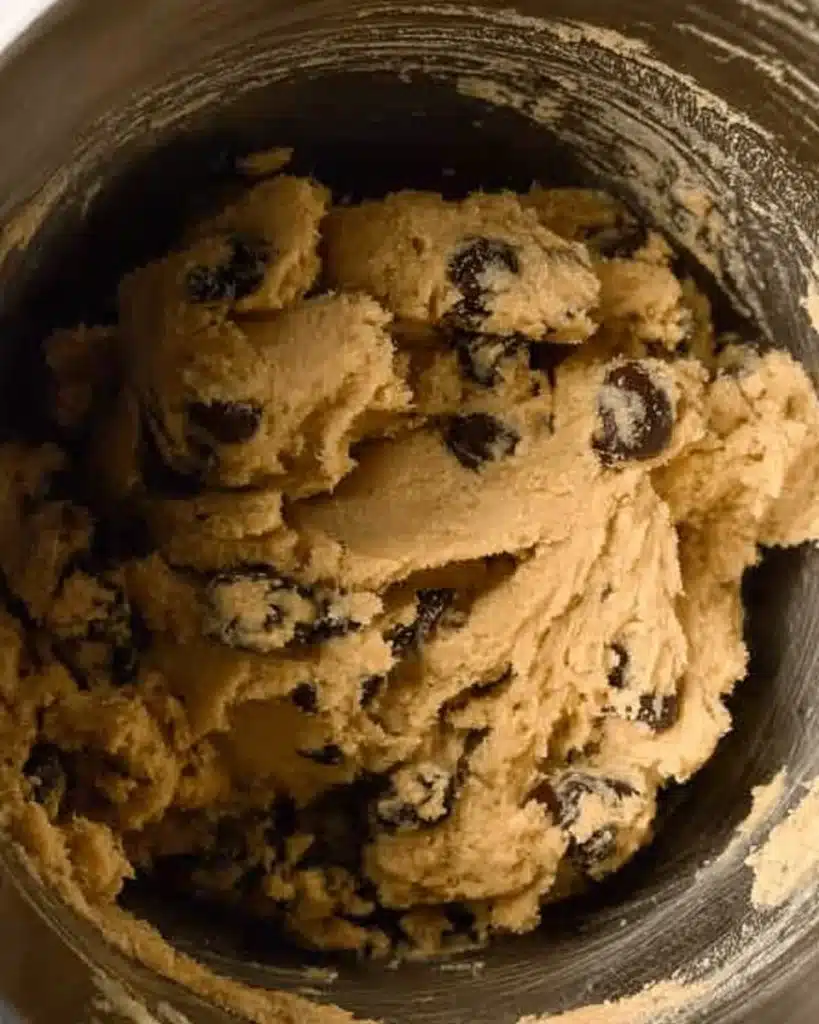 Air Fryer Chocolate Chip Cookies 5 Chocolate chip cookie dough in mixing bowl for air fryer cookies