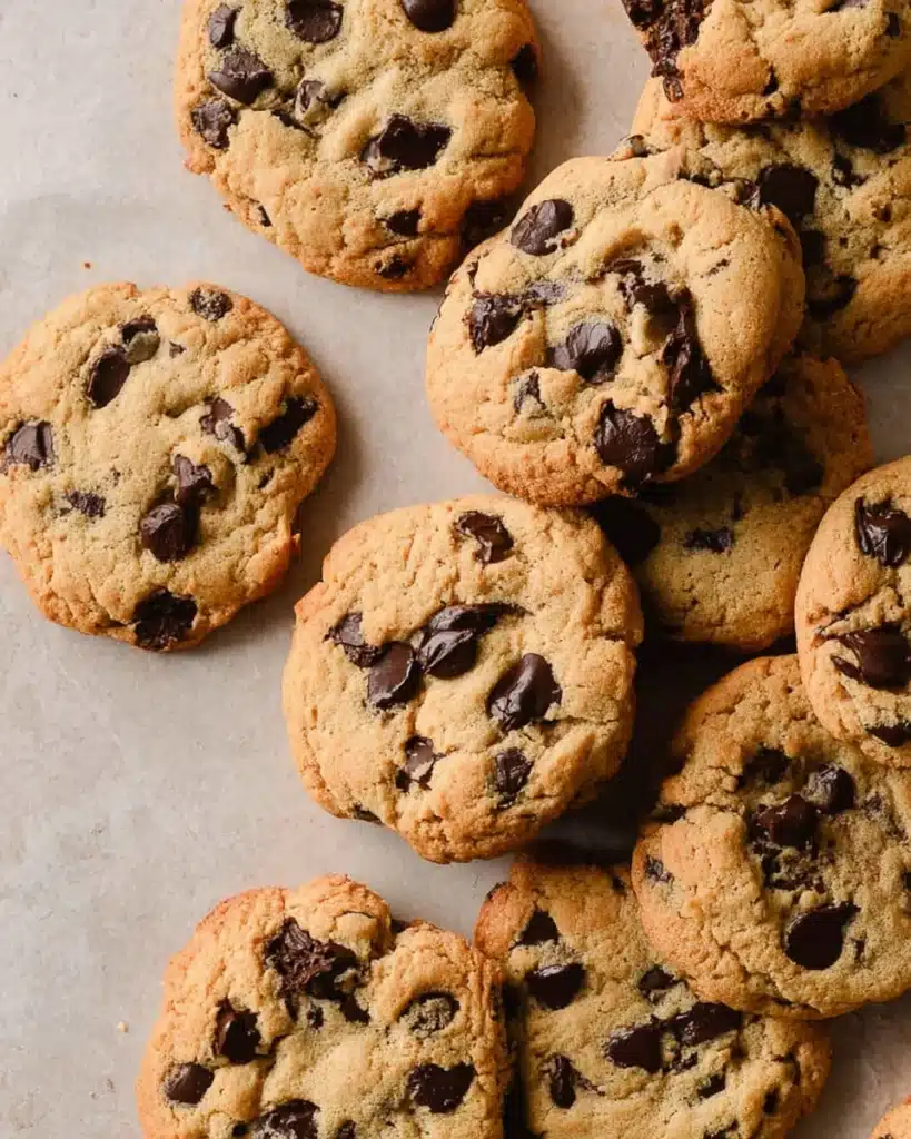 Air Fryer Chocolate Chip Cookies 2 Top-down view of air fryer chocolate chip cookies on beige surface
