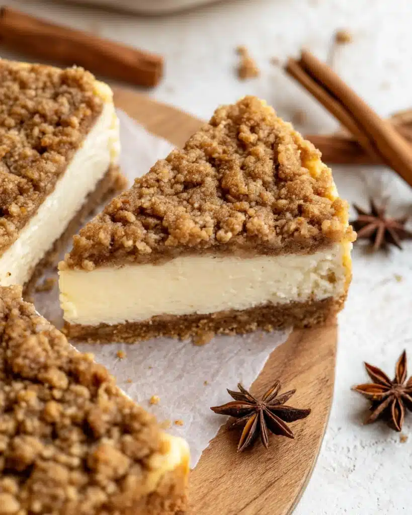 Apple Crumble Cheesecake – The Perfect Thanksgiving Dessert 1 Apple crumble cheesecake slice with golden crumble topping and creamy filling