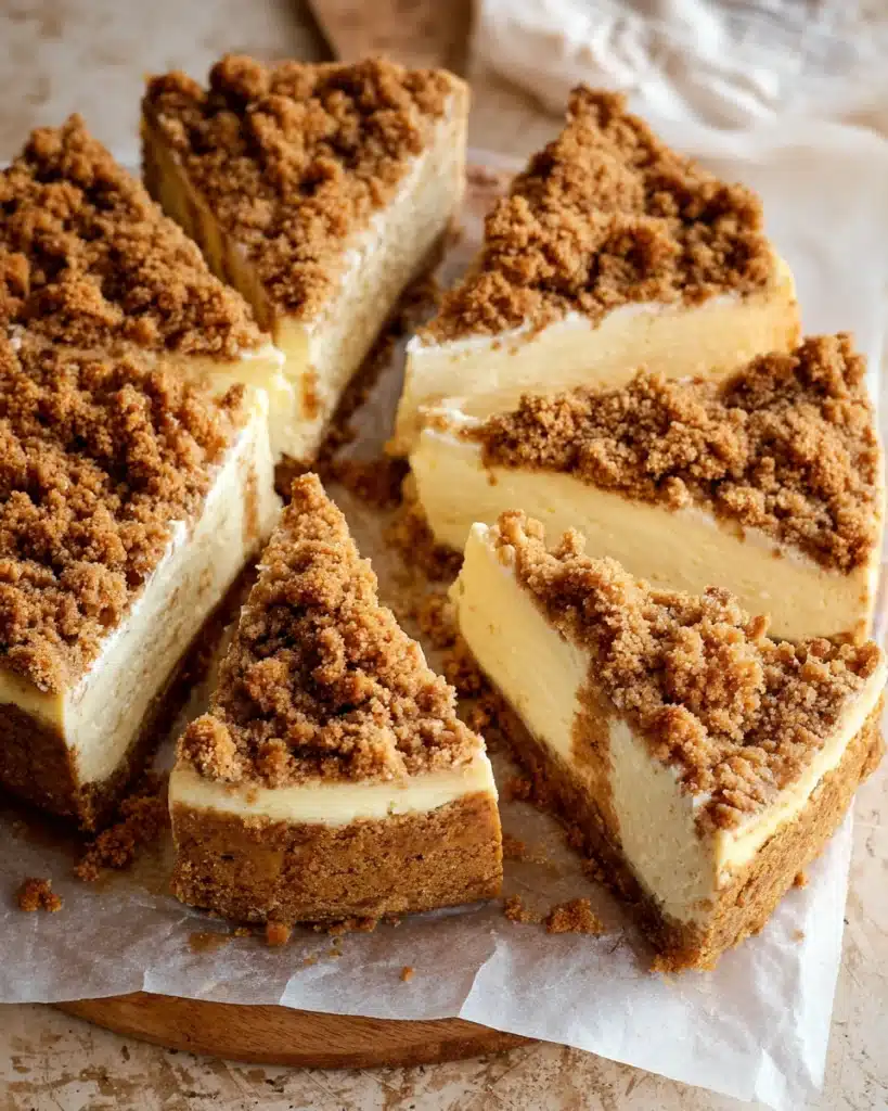 Apple Crumble Cheesecake – The Perfect Thanksgiving Dessert 9 Apple crumble cheesecake slices with creamy filling and crunchy topping