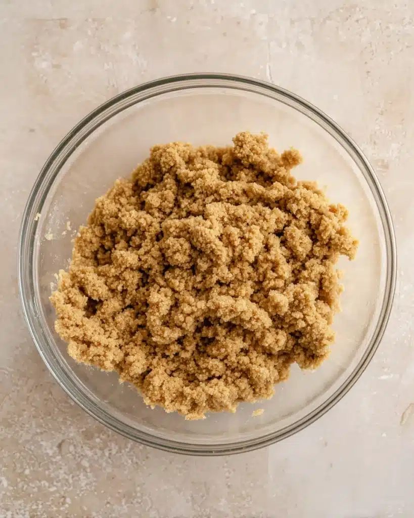 Apple Crumble Cheesecake – The Perfect Thanksgiving Dessert 2 Glass bowl with homemade crumble topping for apple crumble cheesecake