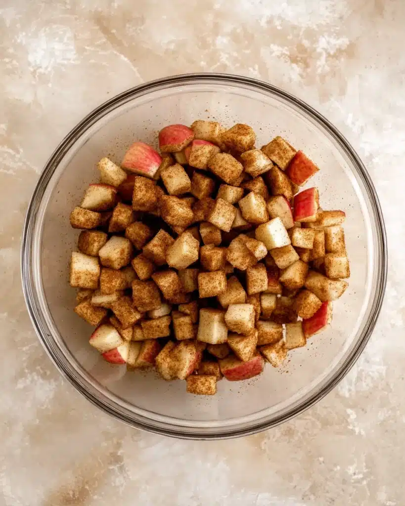 Apple Crumble Cheesecake – The Perfect Thanksgiving Dessert 4 Glass bowl with diced apples coated in cinnamon sugar for cheesecake filling