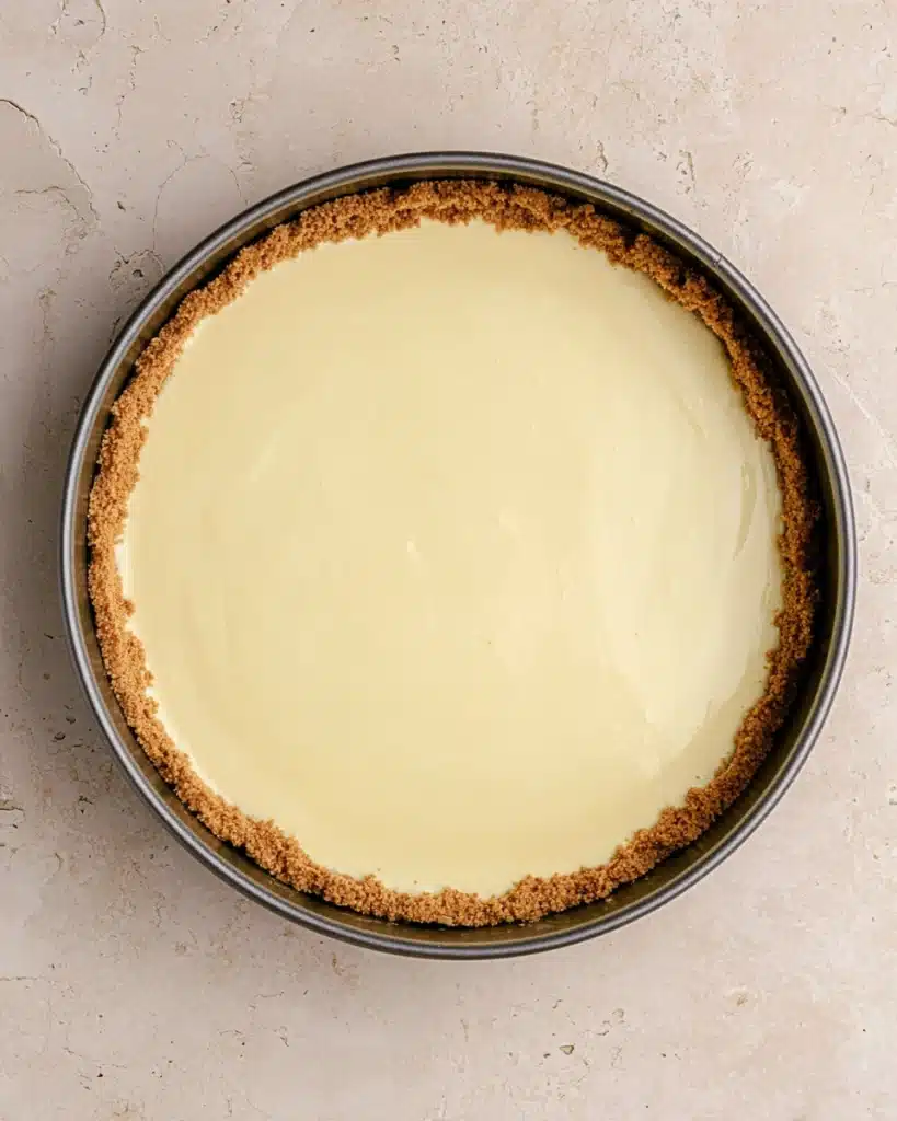 Apple Crumble Cheesecake – The Perfect Thanksgiving Dessert 6 Springform pan with creamy cheesecake batter poured over crust