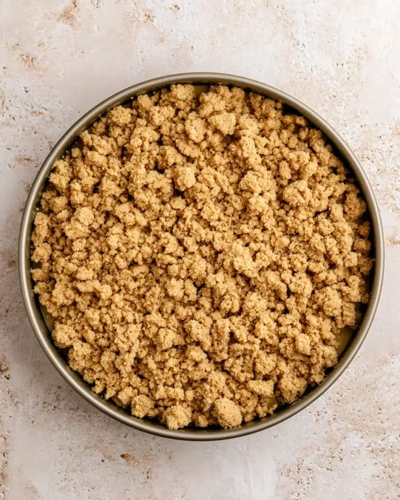 Apple Crumble Cheesecake – The Perfect Thanksgiving Dessert 8 Unbaked apple crumble cheesecake with thick crumble topping in springform pan