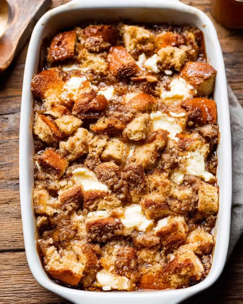 Baked Cream Cheese French Toast Casserole 1 Golden baked cream cheese French toast casserole with crumb topping in white dish