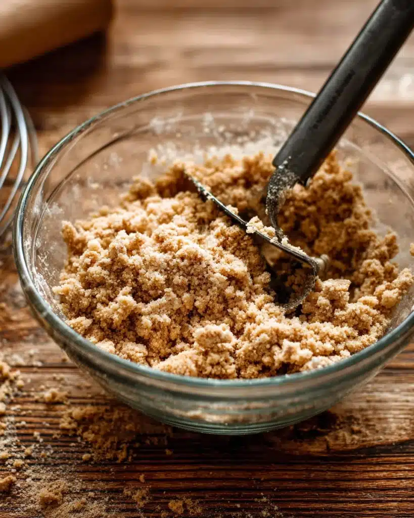 Baked Cream Cheese French Toast Casserole 7 Crumb topping mixture with pastry cutter in glass bowl for French toast casserole