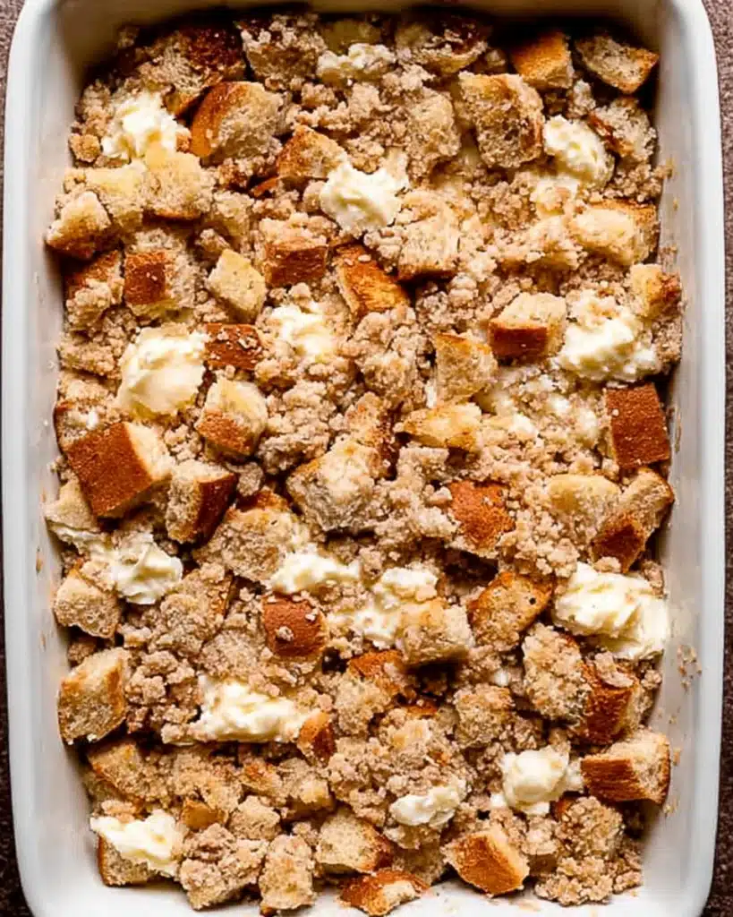 Baked Cream Cheese French Toast Casserole 6 Unbaked cream cheese French toast casserole topped with crumb mixture in baking dish