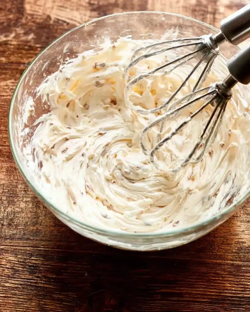 Baked Cream Cheese French Toast Casserole 3 Whipped cream cheese mixture in glass bowl for French toast casserole