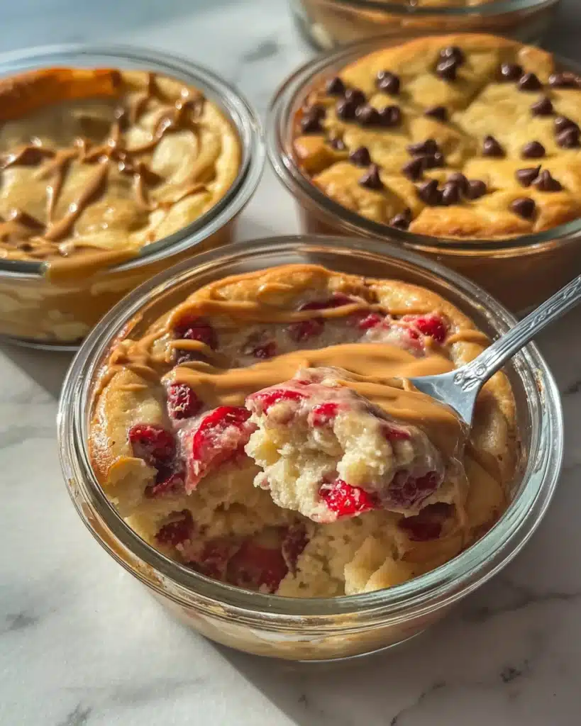 Baked Protein Pancake Bowls 3 Spoon lifting baked protein pancake bowl with strawberries and peanut butter