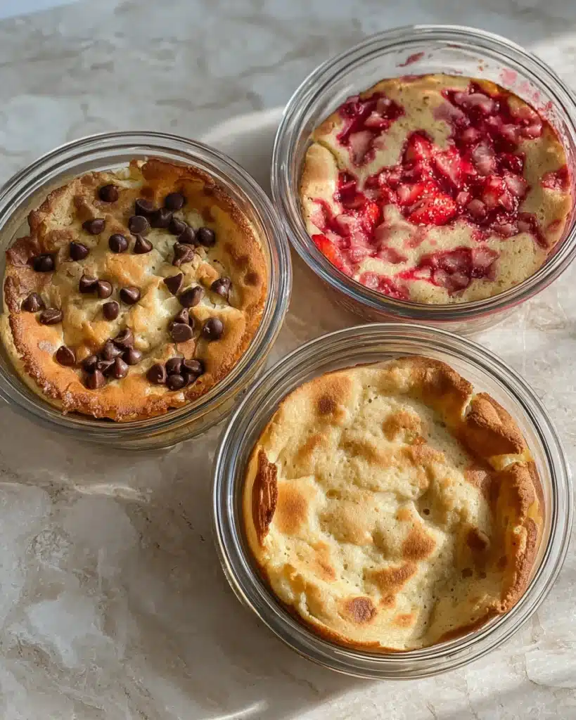 Baked Protein Pancake Bowls 1 Three baked protein pancake bowls with chocolate chips and strawberries on a light stone surface