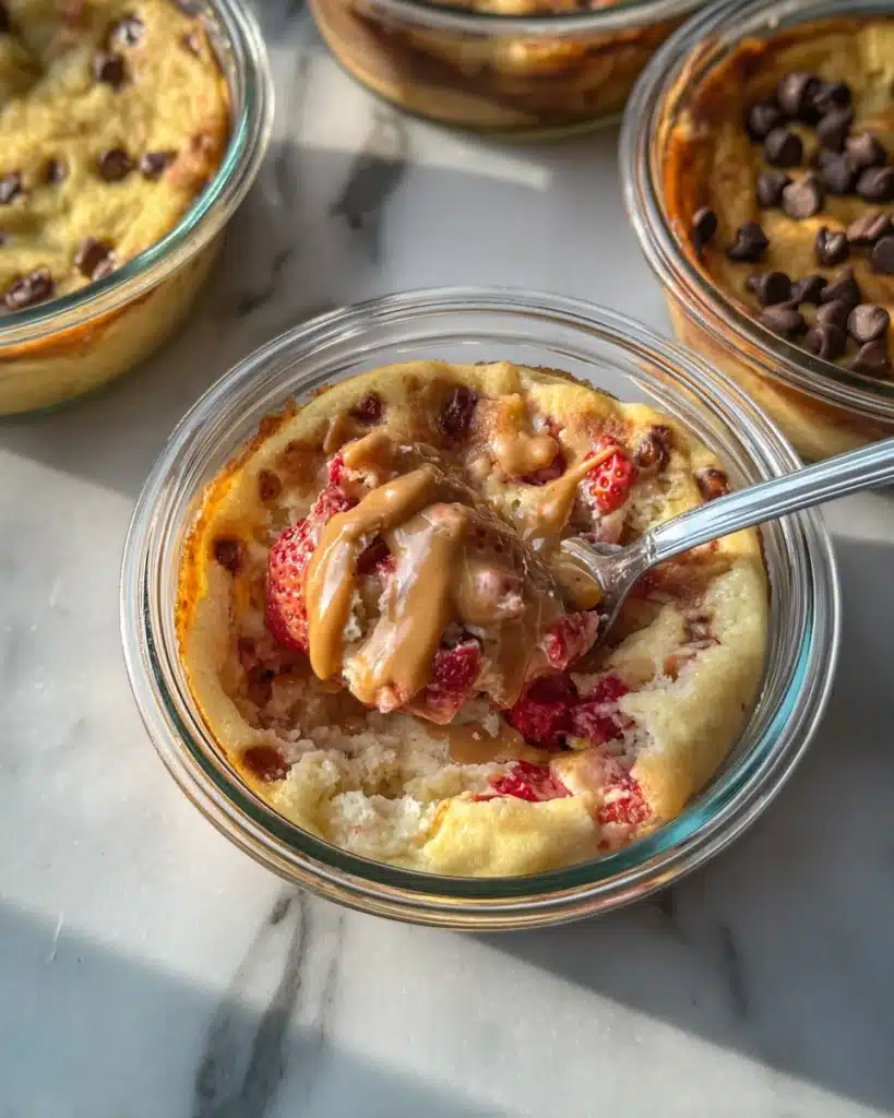 Baked Protein Pancake Bowls 2 Spoon lifting baked protein pancake bowl with strawberries and peanut butter