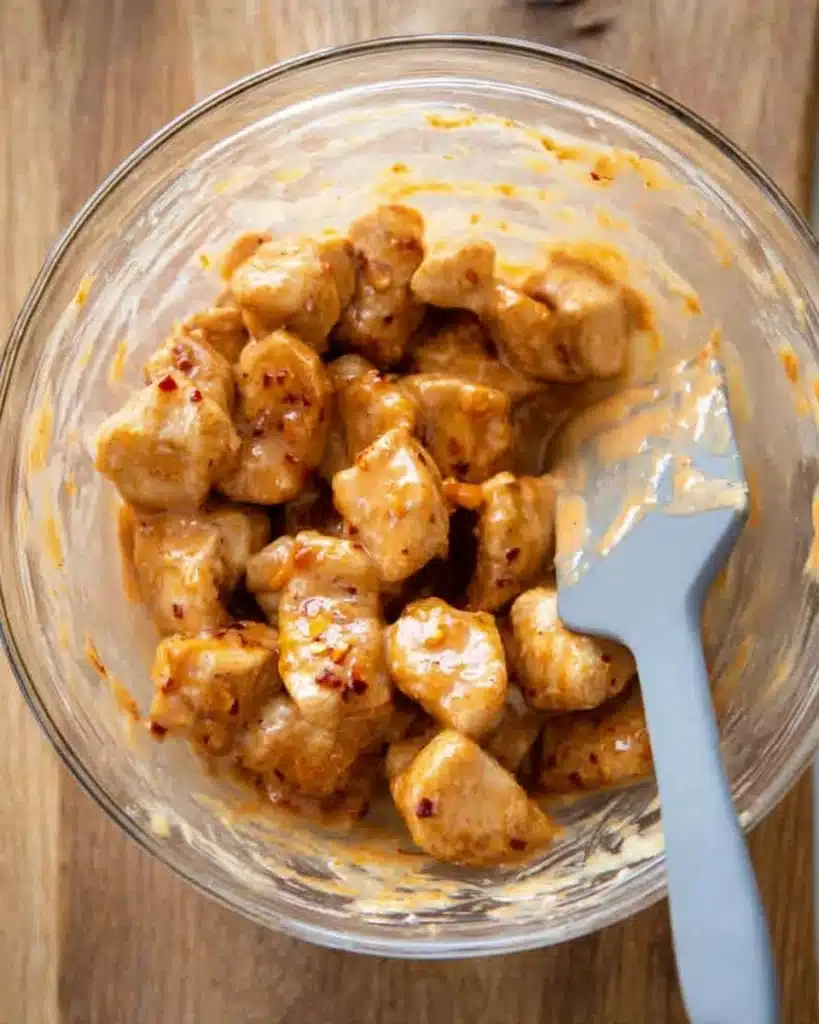 Bang Bang Chicken Bowl: A Simple, Flavor-Packed Lunch Recipe 3 Cooked chicken coated in creamy Bang Bang sauce in a glass bowl