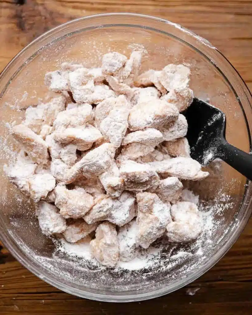 Bang Bang Chicken Bowl: A Simple, Flavor-Packed Lunch Recipe 2 Flour-coated raw chicken pieces in a glass bowl for Bang Bang Chicken Bowl