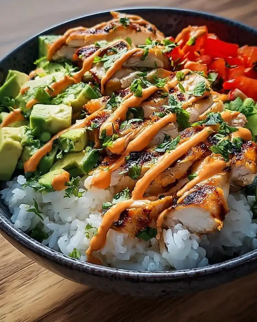 Bang Bang Chicken Bowl: A Simple, Flavor-Packed Lunch Recipe 4 Bang Bang Chicken Bowl with grilled chicken, avocado, rice, and spicy sauce