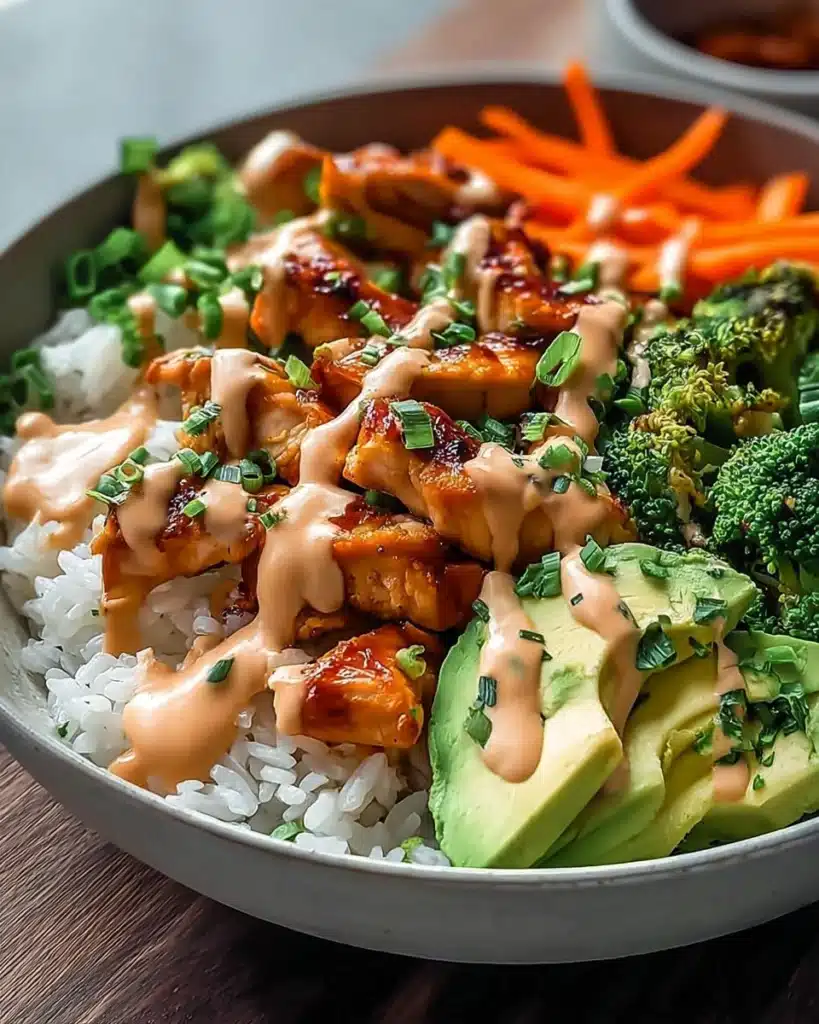 Bang Bang Chicken Bowl: A Simple, Flavor-Packed Lunch Recipe 1 Bang Bang Chicken Bowl with rice, avocado, and creamy spicy sauce