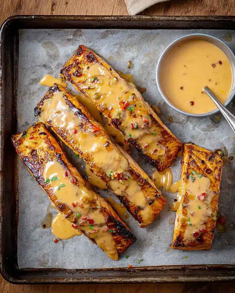 Baked Bang Bang Salmon filets drizzled with creamy chili sauce on tray