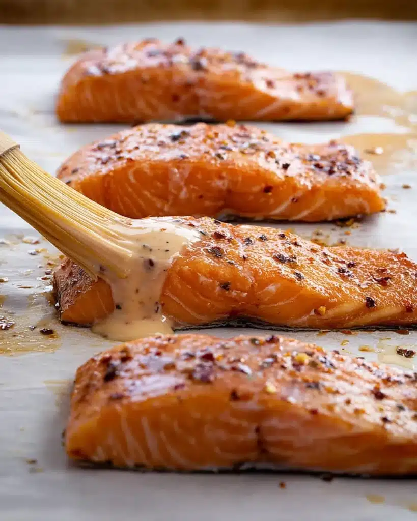 Brushing creamy sauce on seasoned Bang Bang Salmon filets