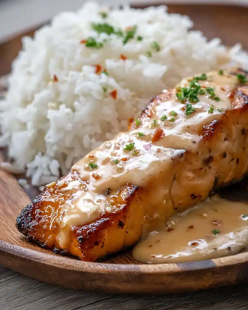 Glazed Bang Bang Salmon with creamy sauce and rice on a rustic plate
