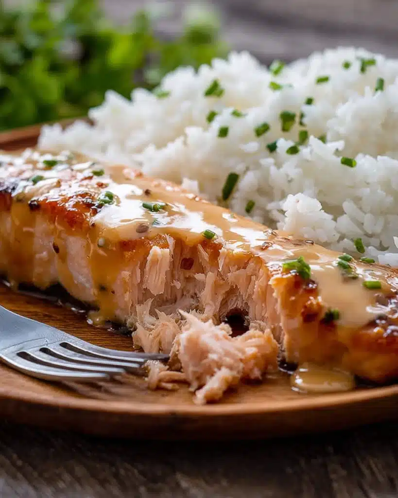 Bang Bang Salmon with rice, flaked open to show tender inside