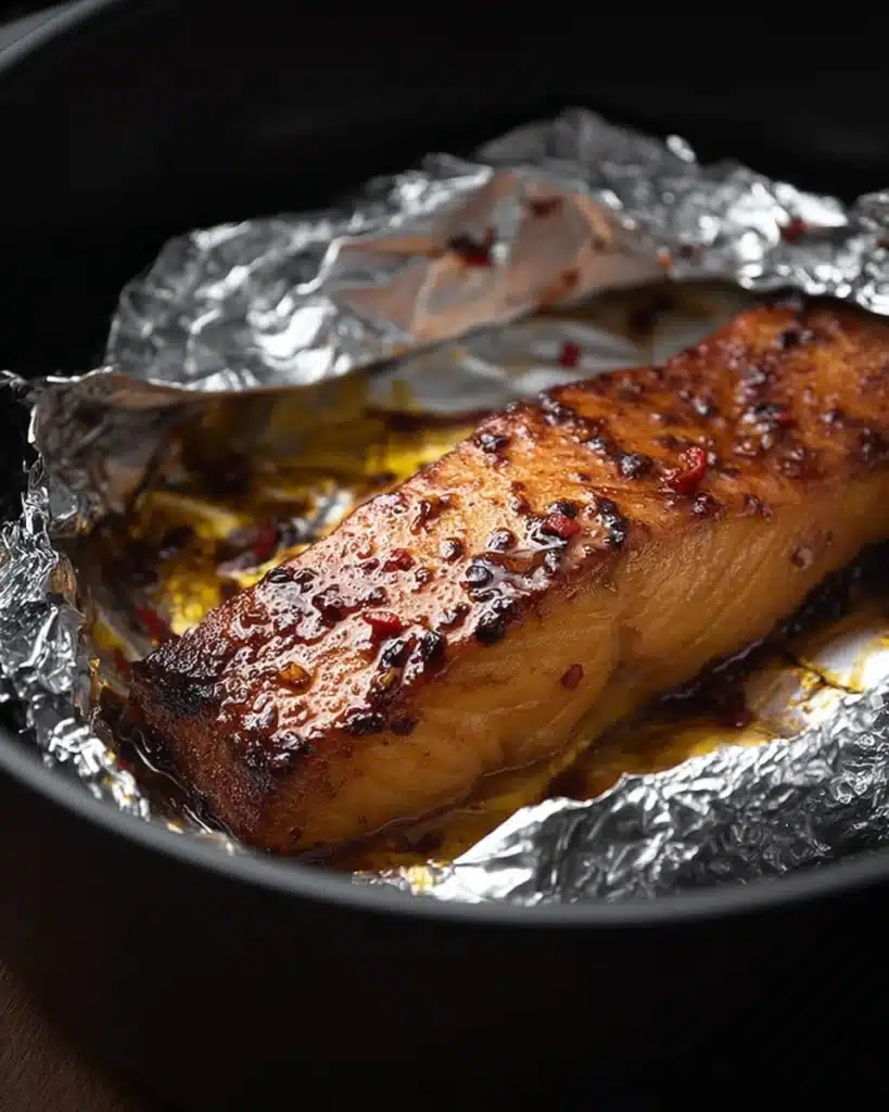 Air fryer Bang Bang Salmon filet with glossy chili glaze