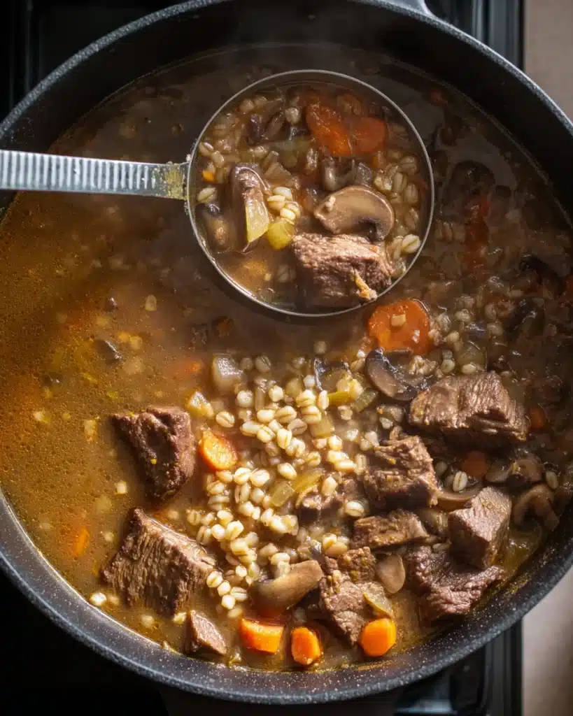 Beef barley soup with beef, carrots, mushrooms, and barley being stirred in pot