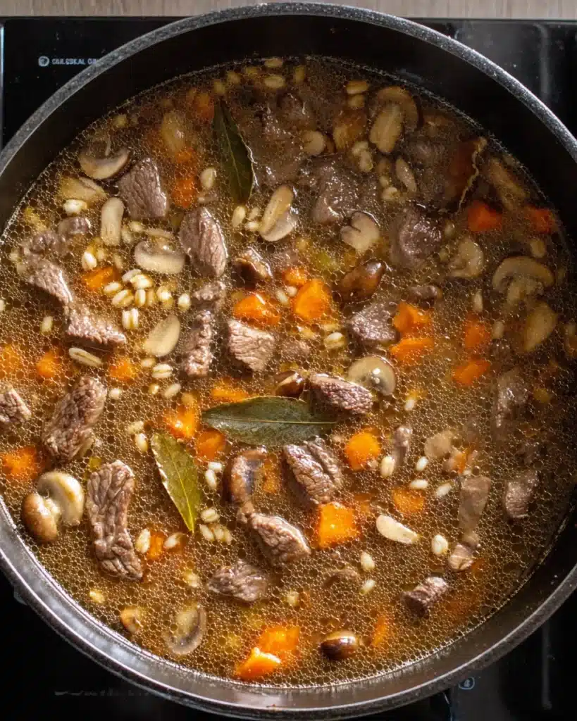 Simmering beef barley soup with beef, carrots, mushrooms, and bay leaves in pot