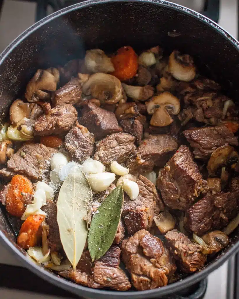 Beef barley soup ingredients in pot with beef, garlic, and bay leaves