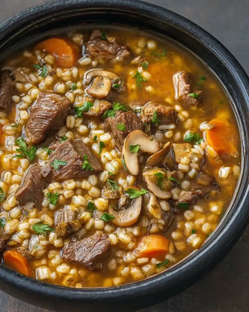Beef barley soup with tender beef, mushrooms, carrots, and barley in a rich broth