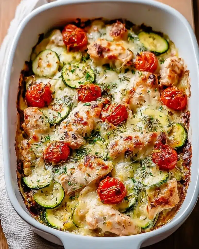 Best Mediterranean Chicken Zucchini Bake 1 Mediterranean chicken zucchini bake with cheese, tomatoes, and zucchini in white baking dish