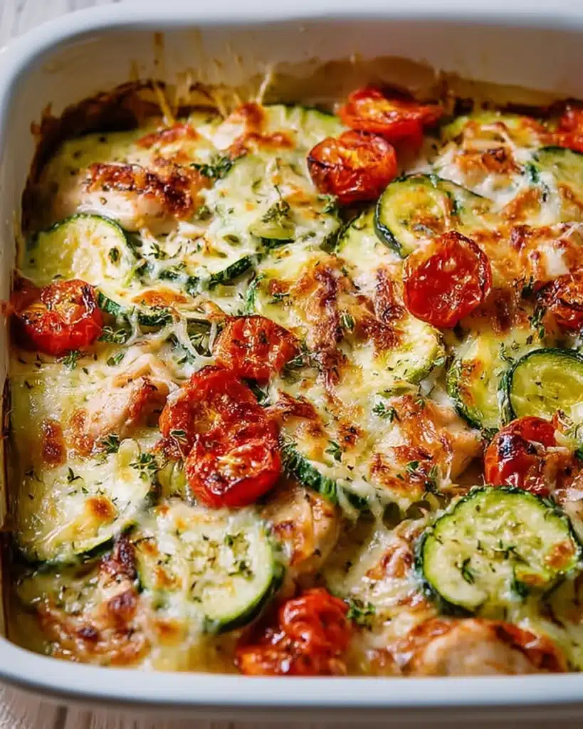 Best Mediterranean Chicken Zucchini Bake 2 Mediterranean chicken zucchini bake with melted cheese, zucchini, and tomatoes in white baking dish