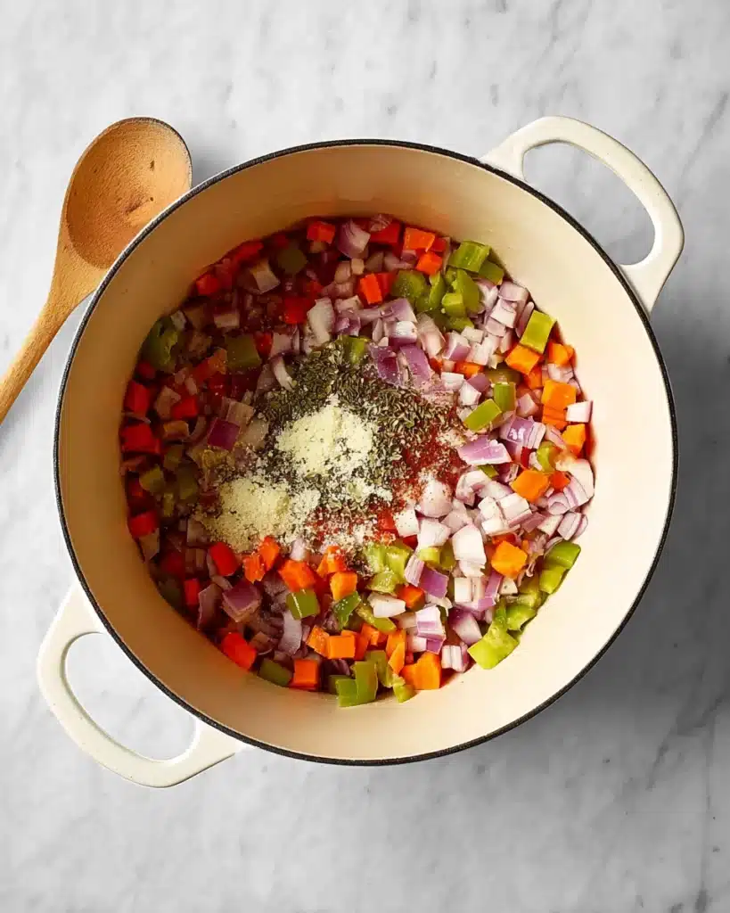 Colorful sautéed vegetables and spices in a white Dutch oven for black bean soup