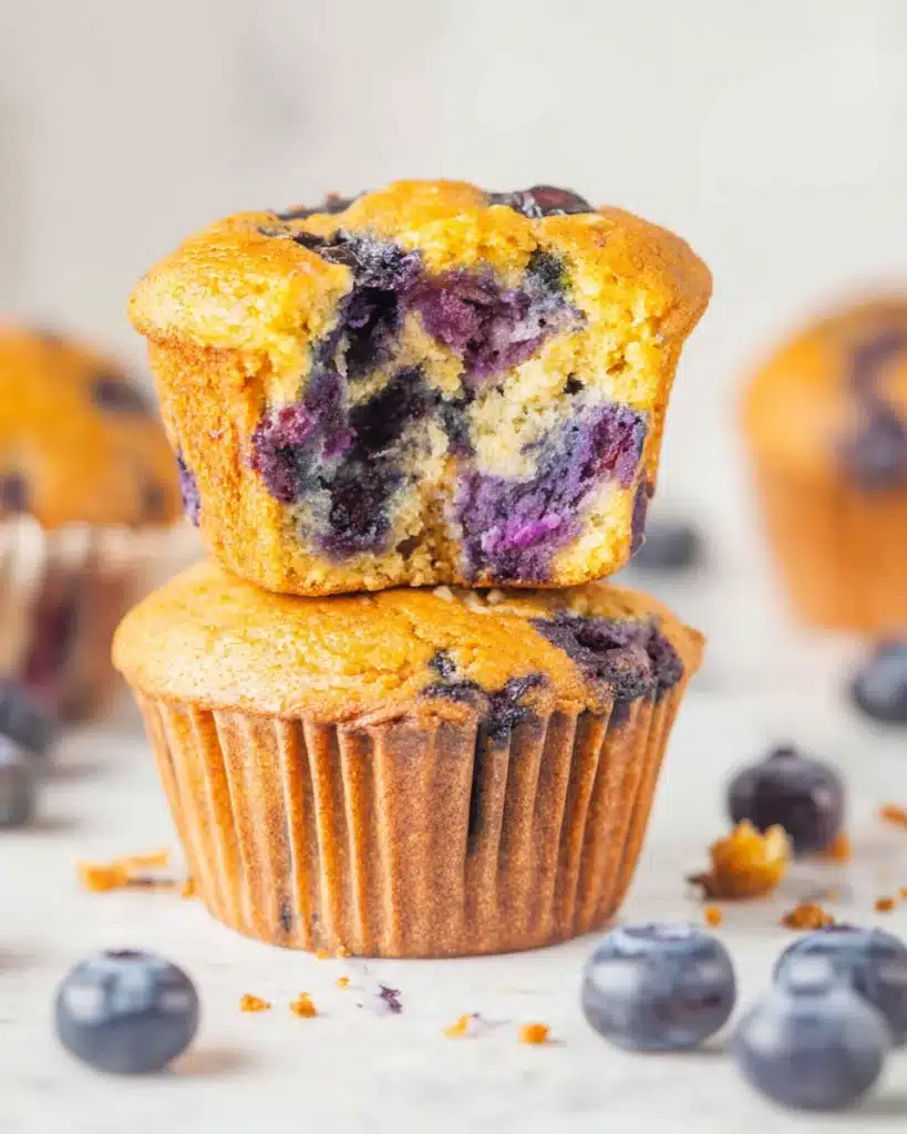 Blueberry Cottage Cheese Muffins 7 Stacked blueberry cottage cheese muffins with a bite showing juicy berries inside