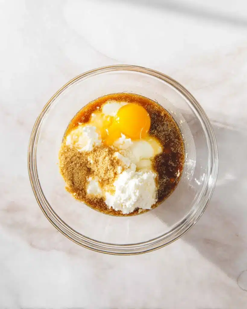 Blueberry Cottage Cheese Muffins 3 Glass bowl with eggs, coconut sugar, and cottage cheese for muffin batter