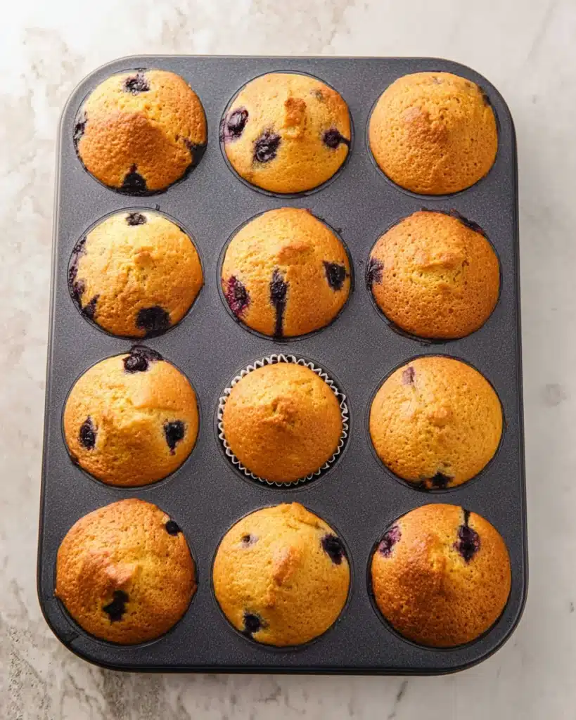 Blueberry Cottage Cheese Muffins 6 Freshly baked blueberry cottage cheese muffins in muffin tin on light surface