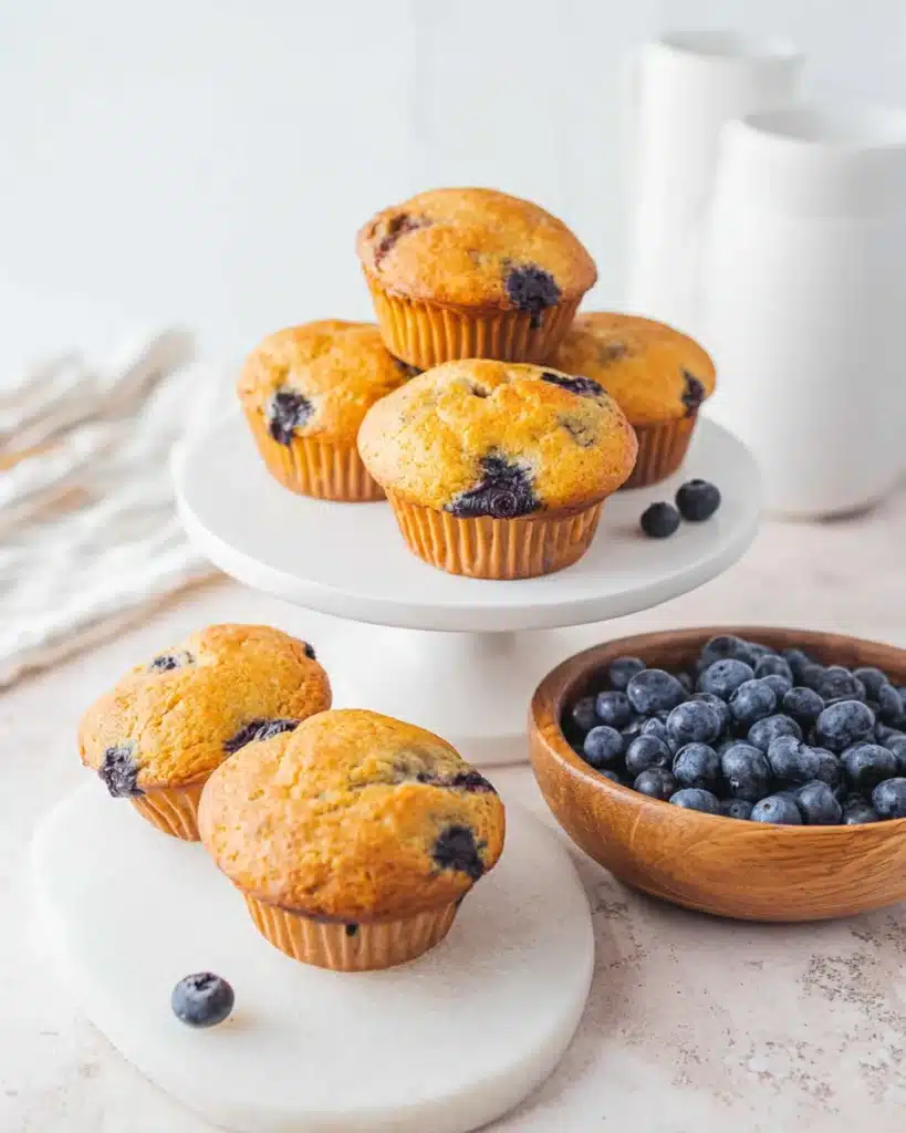 Blueberry Cottage Cheese Muffins 1 Blueberry cottage cheese muffins on a white cake stand with fresh blueberries