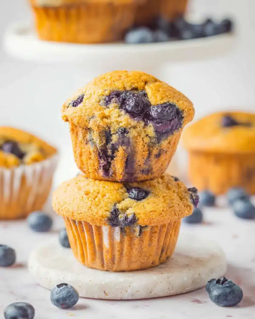 Blueberry Cottage Cheese Muffins 2 Blueberry cottage cheese muffins stacked on white surface with a bite showing juicy berries