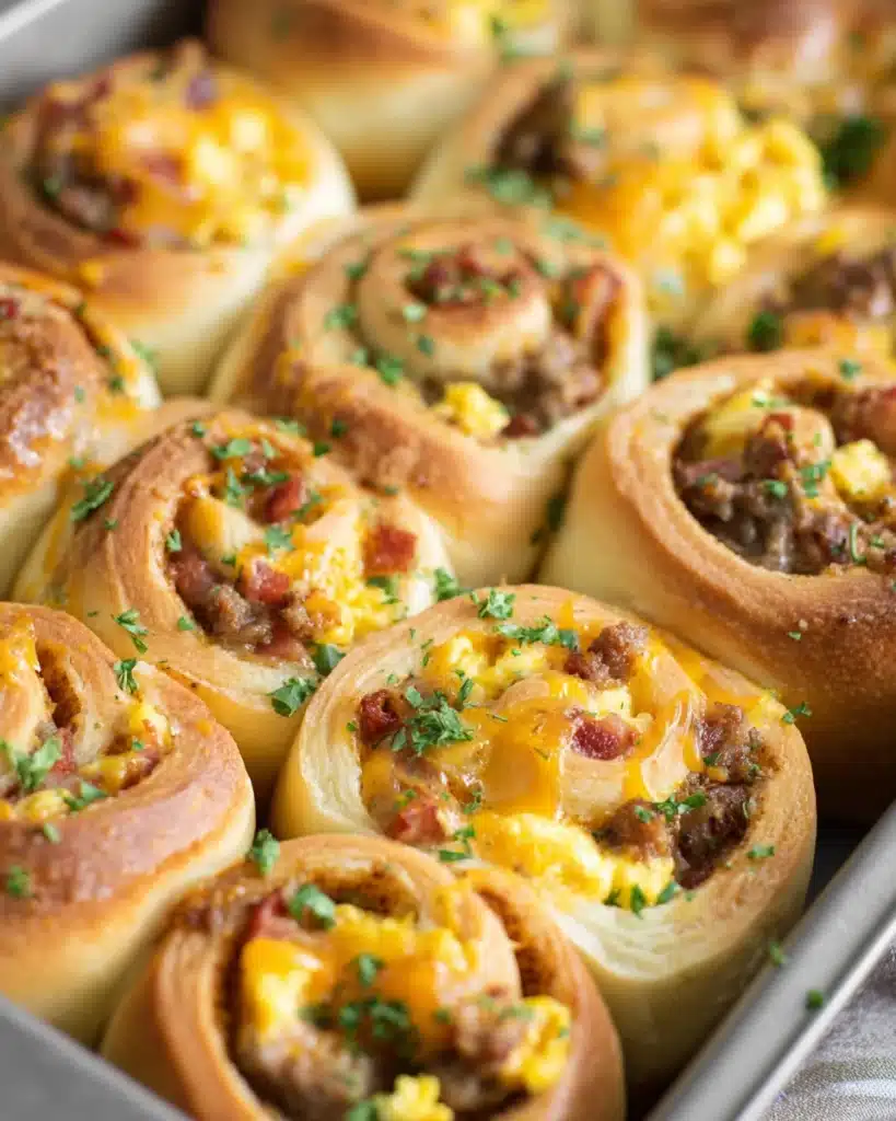 Freshly baked breakfast rolls with eggs, sausage, and cheese